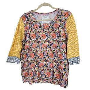 Cino Womens Floral Cotton 3/4 Sleeve T Shirt Top Boho Yellow Pink Casual Size XL